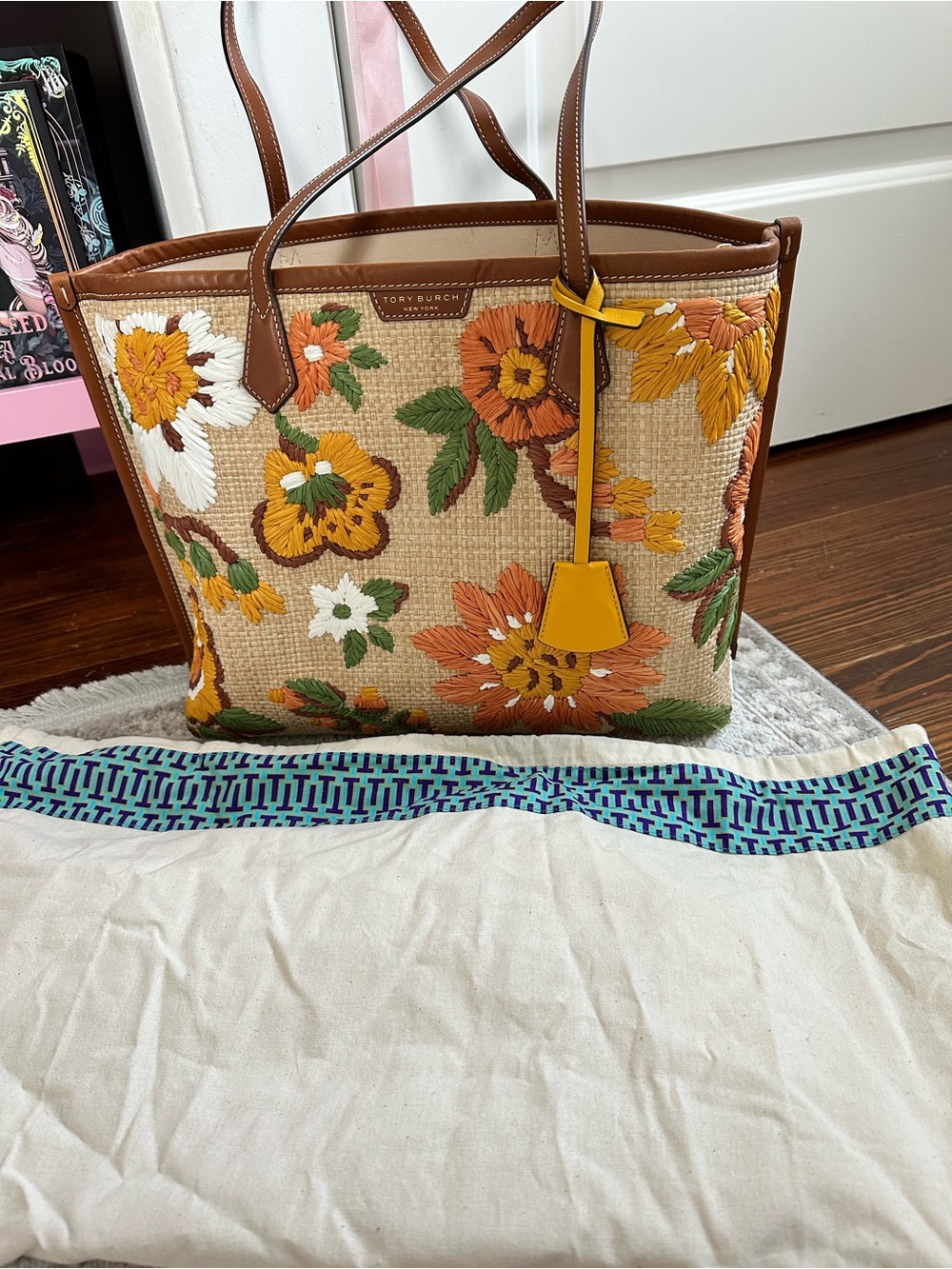 Tory Burch Floral Embroidered Raffia Tote in Brown and Yellow
